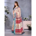 Generic Women's Linen Cotton  Printed Saree With Unstitched Blouse 5.5Mtr (Cream) - Image 4