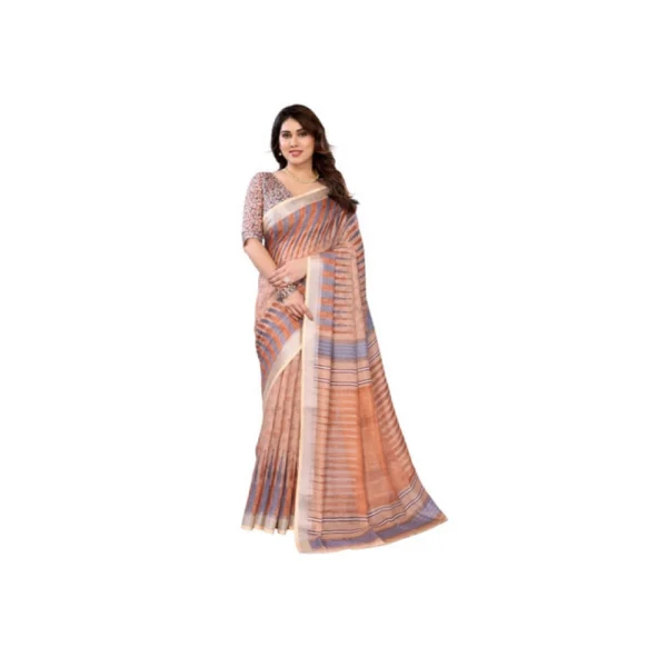 Brown Linen Cotton Printed Saree with Unstitched Blouse