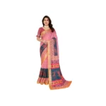 Pink Linen Cotton Printed Saree with Unstitched Blouse