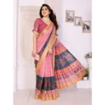 Generic Women's Linen Cotton  Printed Saree With Unstitched Blouse 5.5Mtr (Pink) - Image 3