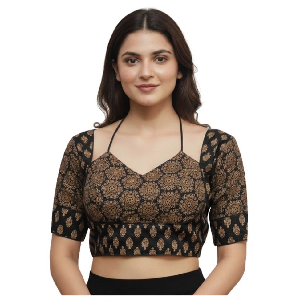 Black Ajrakh Cotton Printed Sweetheart Elbow-Length Padded Blouse for Women