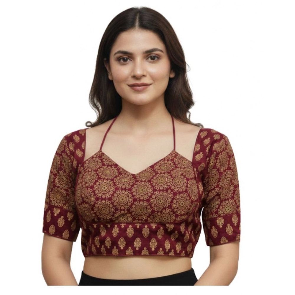 Maroon Ajrakh Cotton Printed Sweetheart Elbow-Length Padded Blouse for Women