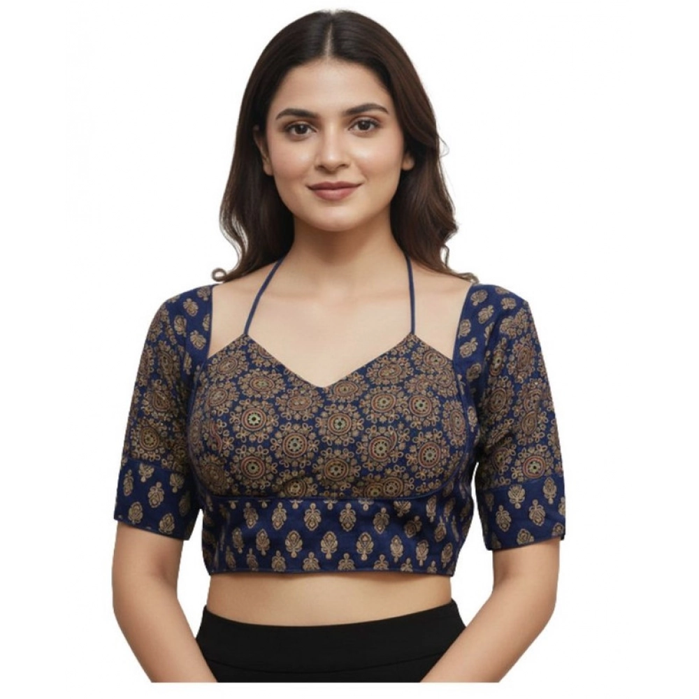 Navy Ajrakh Cotton Printed Sweetheart Elbow-Length Padded Blouse for Women