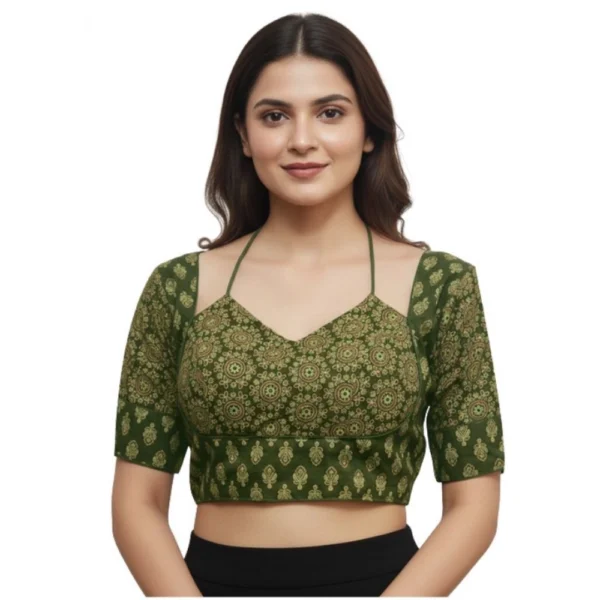 Olive Ajrakh Cotton Printed Sweetheart Elbow-Length Padded Blouse for Women