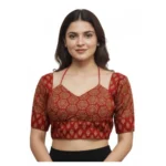 Red Ajrakh Cotton Printed Sweetheart Elbow-Length Padded Blouse for Women