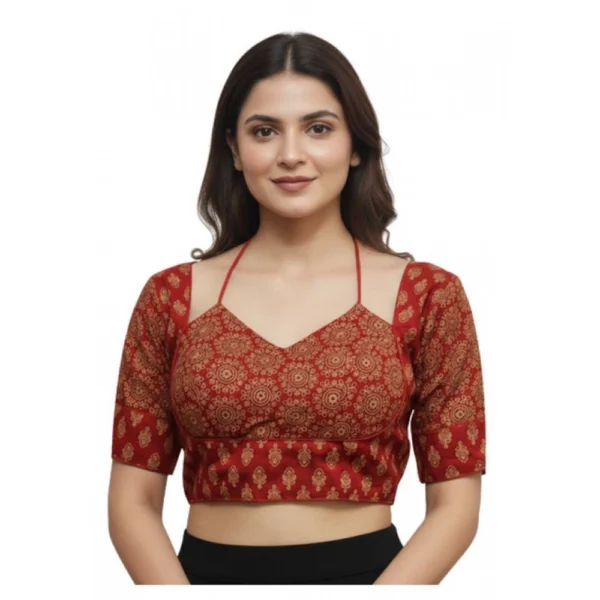 Red Ajrakh Cotton Printed Sweetheart Elbow-Length Padded Blouse for Women