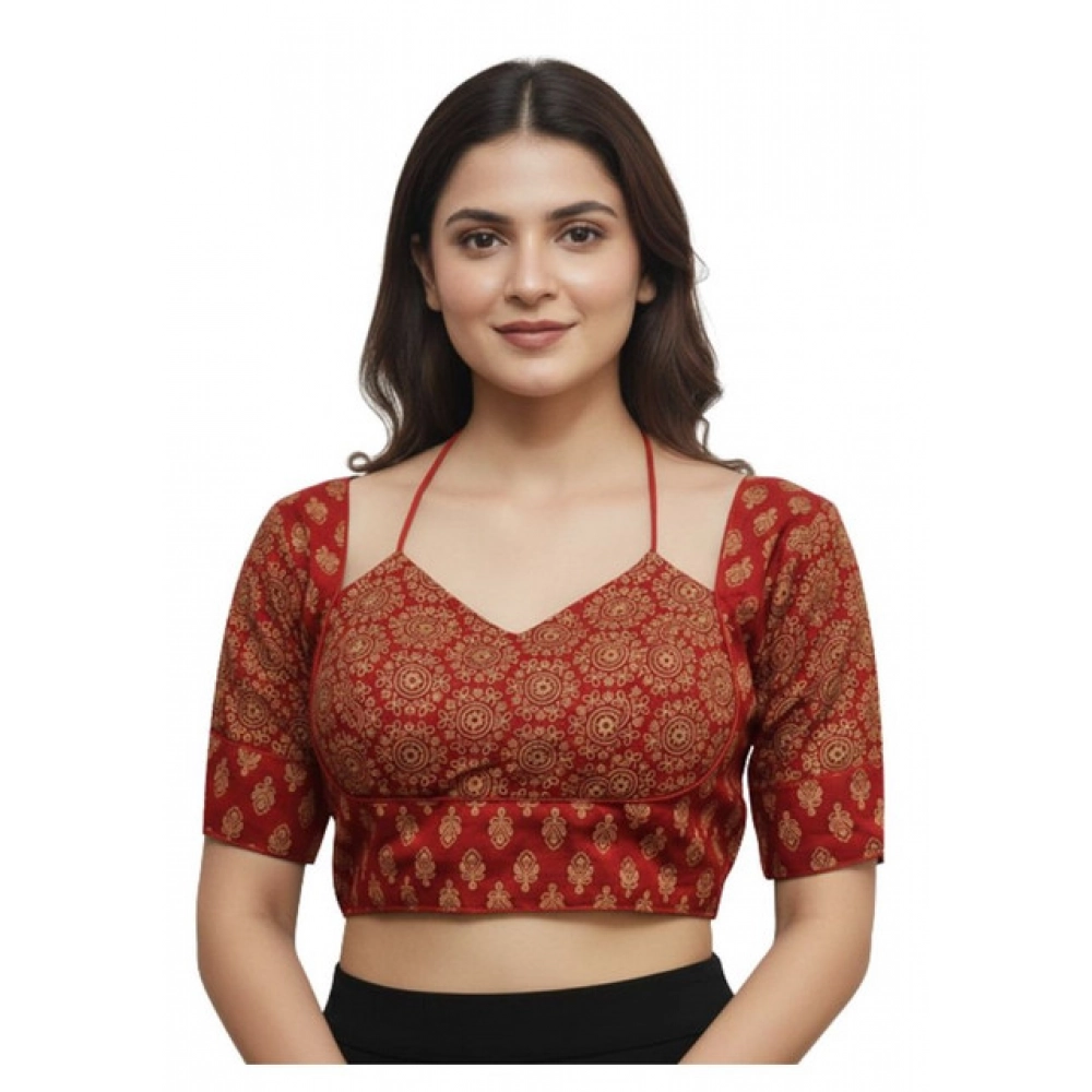 Red Ajrakh Cotton Printed Sweetheart Elbow-Length Padded Blouse for Women