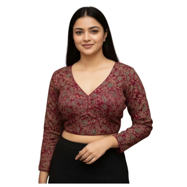 Maroon Ajrakh Cotton Printed V-Neck Padded Blouse for Women