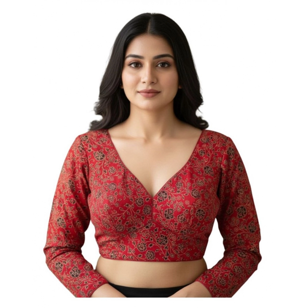 Red Ajrakh Cotton Printed V-Neck Full Sleeves Padded Blouse for Women