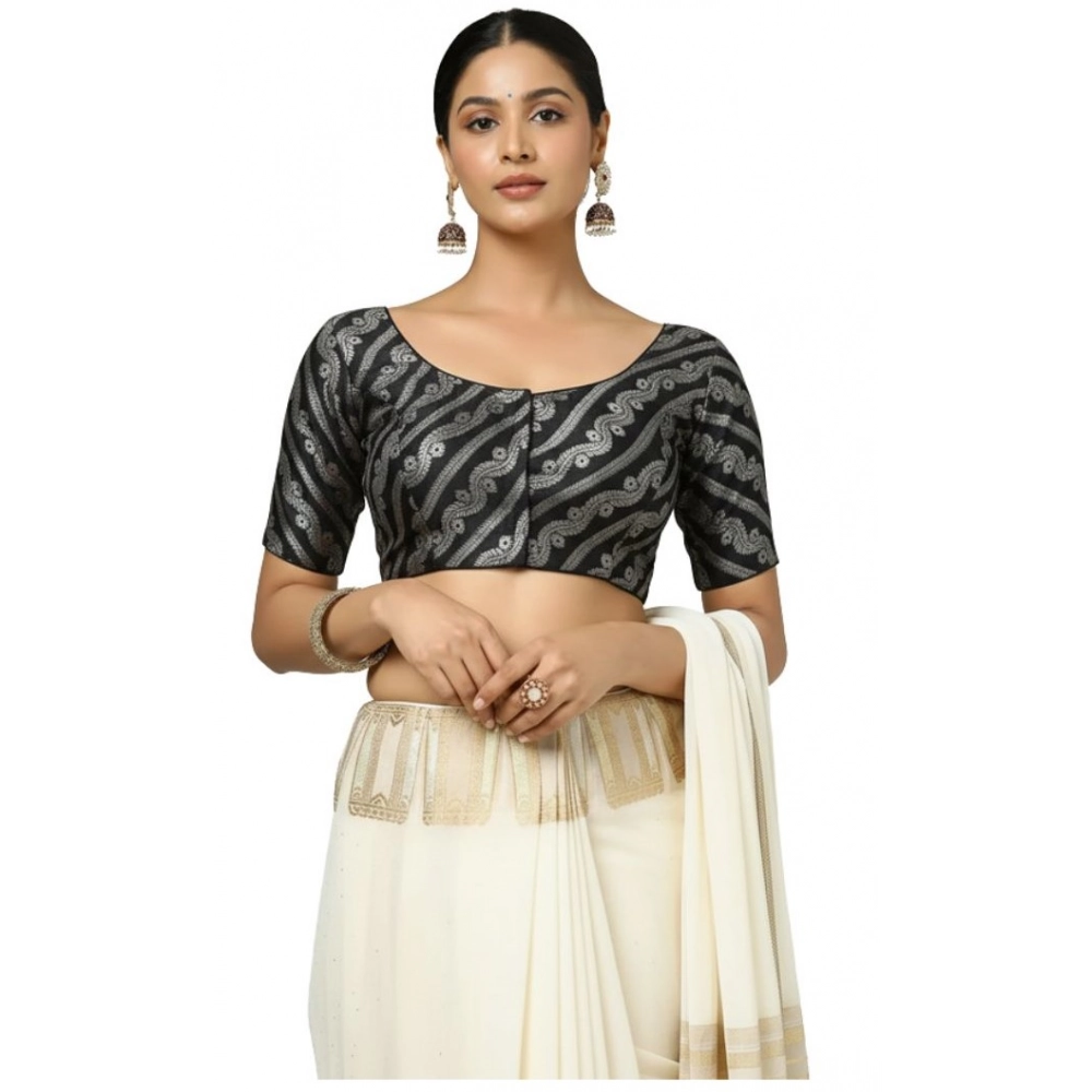 Black Jacquard Zari Round Neck Padded Blouse