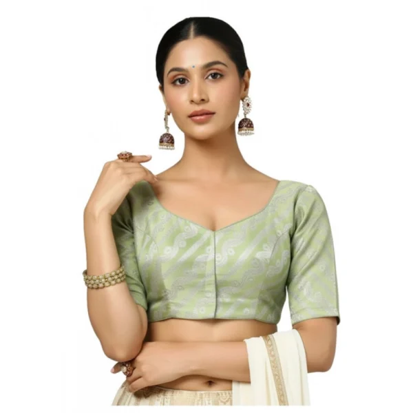 Light Green Jacquard Zari Round Neck Padded Blouse