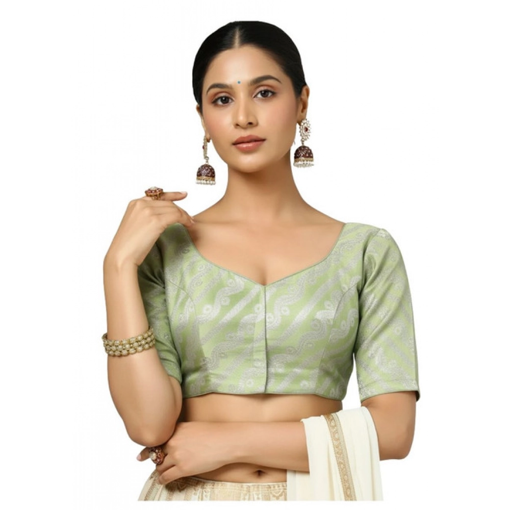 Light Green Jacquard Zari Round Neck Padded Blouse