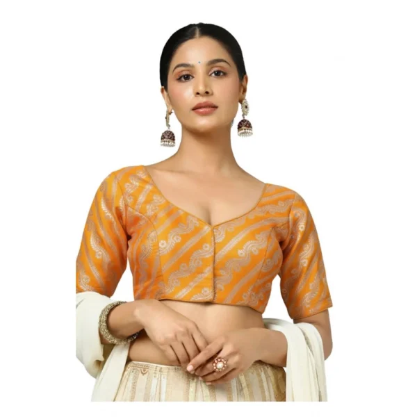 Orange Jacquard Zari Round Neck Padded Blouse