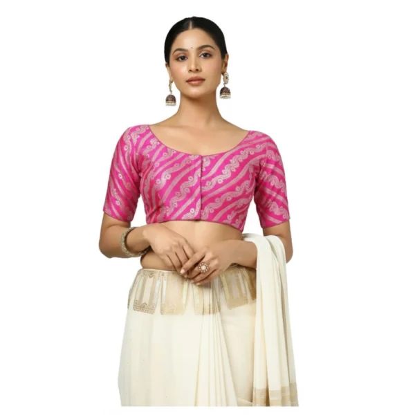 Pink Jacquard Zari Round Neck Padded Blouse