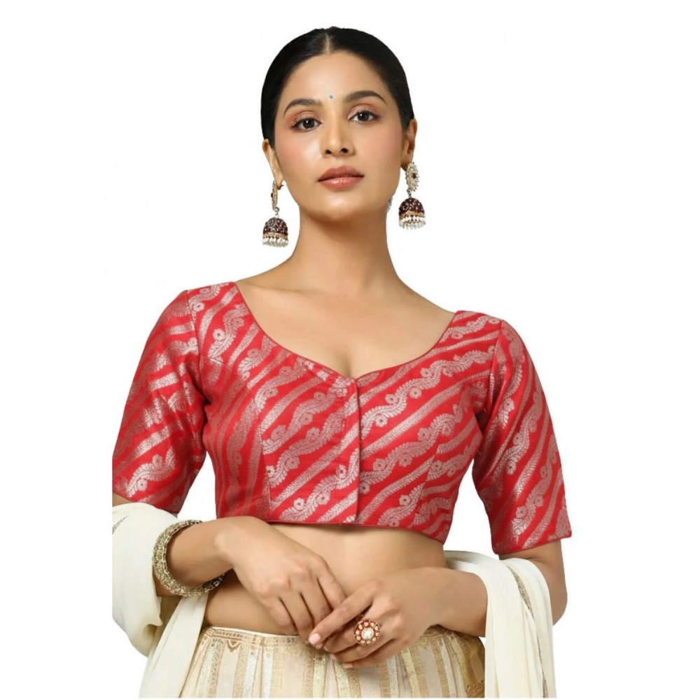 Red Jacquard Zari Round Neck Padded Blouse