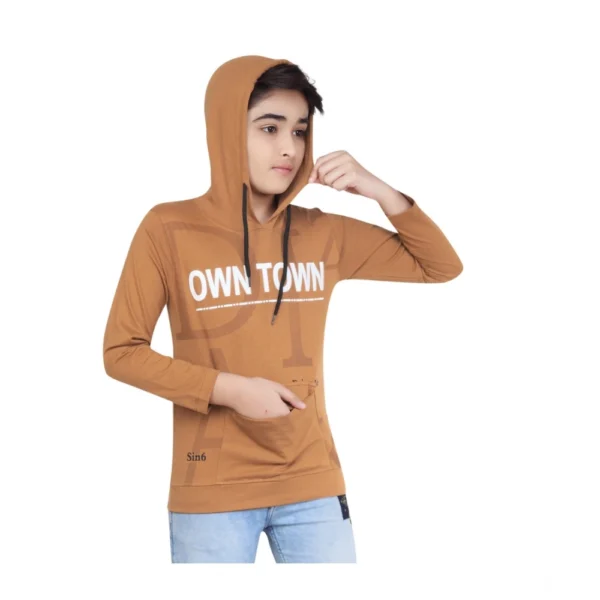 Brown Cotton Printed Hoodie for Boys