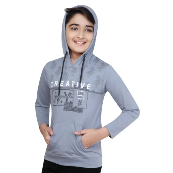 Steel Blue Cotton Printed Hoodie for Boys