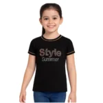 Girl's Black Cotton Printed T-Shirt