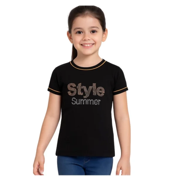 Girl's Black Cotton Printed T-Shirt