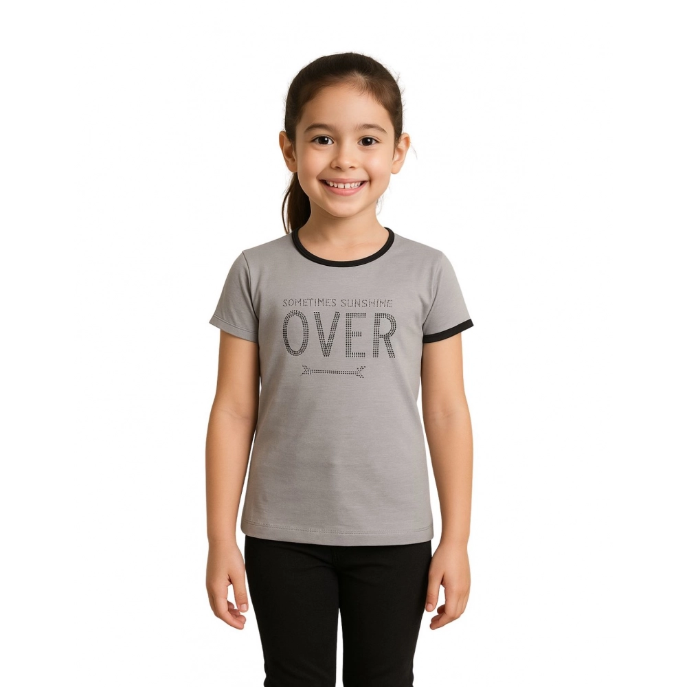 Girl's Grey Cotton Printed T-Shirt