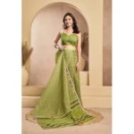 Generic Women's Faux_Linen Printed Ready-to-Wear Saree With Unstitched Blouse 5.5 Mtr (Olive) - Image 3
