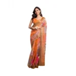 Orange Faux Linen Printed Saree with Unstitched Blouse