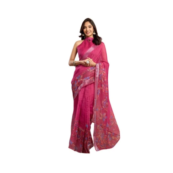 Pink Faux Linen Printed Saree with Unstitched Blouse