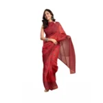 Red Faux Linen Printed Saree with Unstitched Blouse