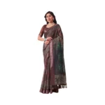 NariHaat Brown Faux Linen Printed Saree for Women