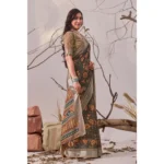 Generic Women's Faux_Linen Printed Saree With Unstitched Blouse 5.5Mtr (Slate_Grey) - Image 4