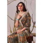 Generic Women's Faux_Linen Printed Saree With Unstitched Blouse 5.5Mtr (Slate_Grey) - Image 3