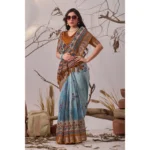 Generic Women's Faux_Linen Printed Saree With Unstitched Blouse 5.5Mtr (Blue) - Image 3