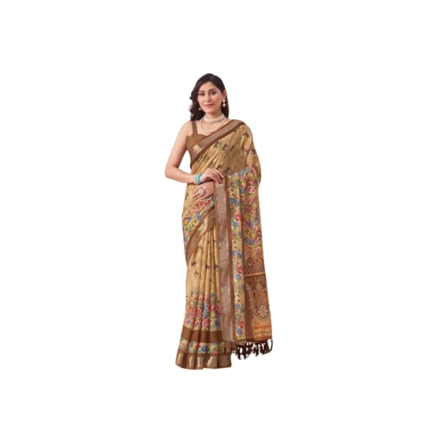 Beige Faux Linen Printed Saree for Women