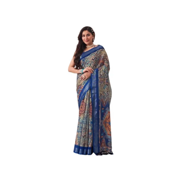 Navy Blue Faux Linen Printed Saree for Women