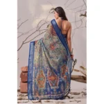 Generic Women's Faux_Linen Printed Saree With Unstitched Blouse 5.5Mtr (Navy_Blue) - Image 2