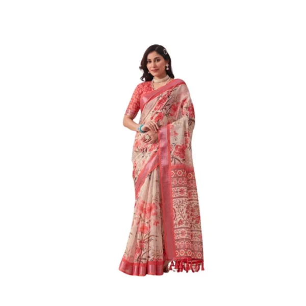 Peach Faux Linen Printed Saree for Women