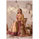 Generic Women's Faux_Linen Printed Saree With Unstitched Blouse 5.5Mtr (Mustard) - Image 3