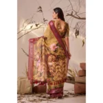 Generic Women's Faux_Linen Printed Saree With Unstitched Blouse 5.5Mtr (Mustard) - Image 2