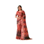 Red Faux Linen Printed Saree for Women