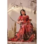 Generic Women's Faux_Linen Printed Saree With Unstitched Blouse 5.5Mtr (Red) - Image 3