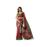 Maroon Faux Linen Printed Saree for Women