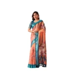 Peach Faux Linen Printed Saree for Women