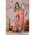 Generic Women's Faux_Linen Printed Saree With Unstitched Blouse 5.5Mtr (Peach) - Image 3