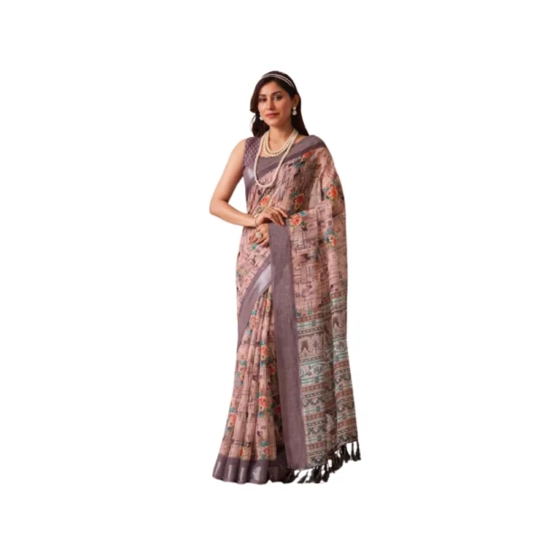 Mauve Faux Linen Printed Saree for Women