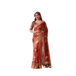 Red Faux Linen Printed Saree for Women