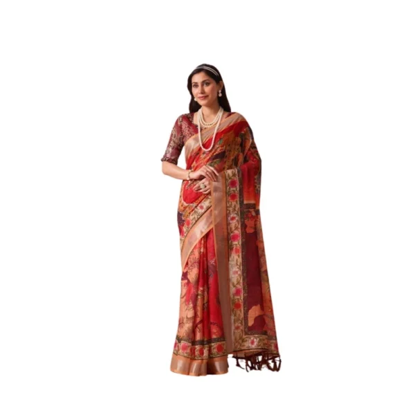 Red Faux Linen Printed Saree for Women