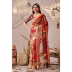 Generic Women's Faux_Linen Printed Saree With Unstitched Blouse 5.5Mtr (Red) - Image 4