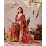 Generic Women's Faux_Linen Printed Saree With Unstitched Blouse 5.5Mtr (Red) - Image 2