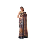 Navy Blue Faux Linen Printed Saree for Women