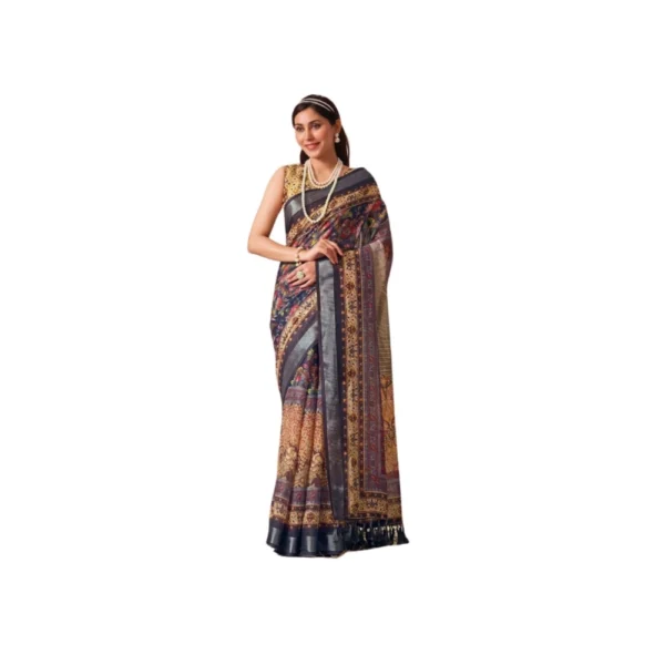 Navy Blue Faux Linen Printed Saree for Women